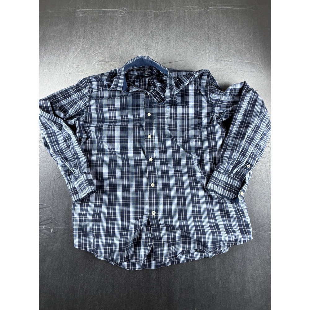 IZOD Mens Premium Essentials Plaid Button Down Shirt Navy Blue White Size L